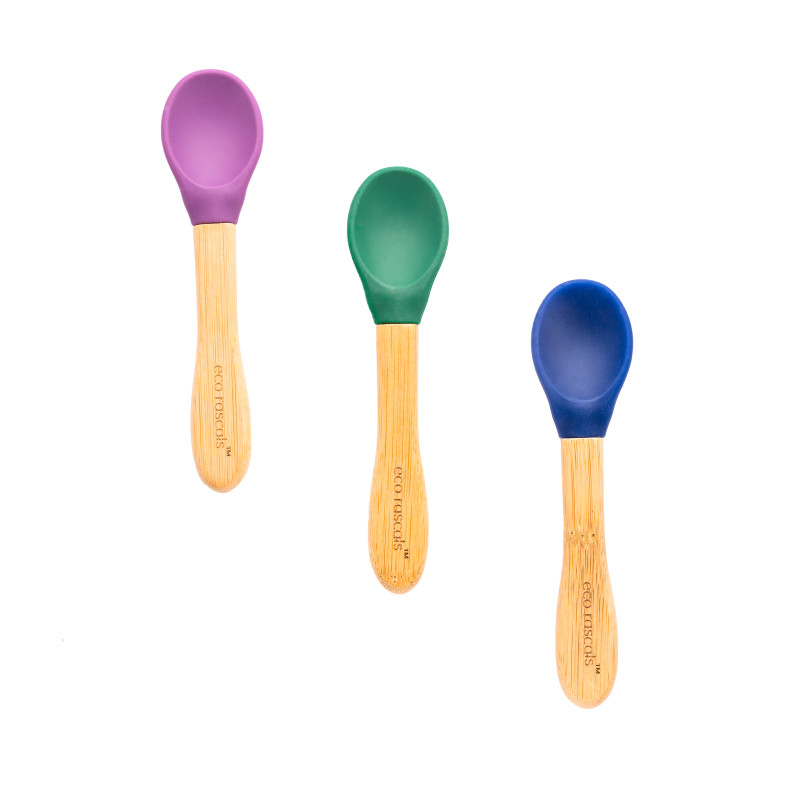 ECORASCALS Set of 3 bamboo spoons with silicone (navy blue, purple, green)