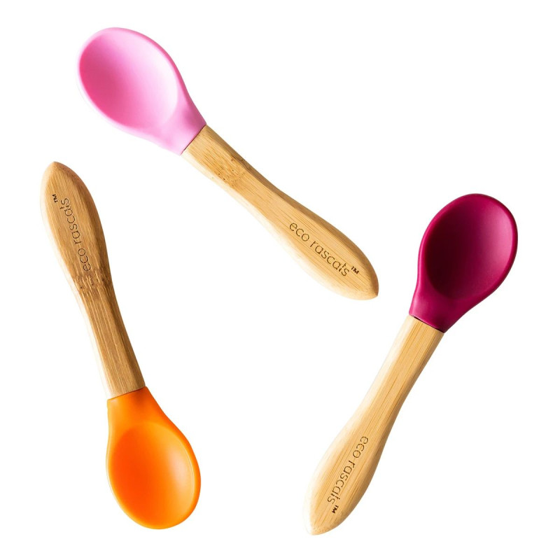 ECORASCALS Set of 3 bamboo spoons with silicone (red, orange, pink)