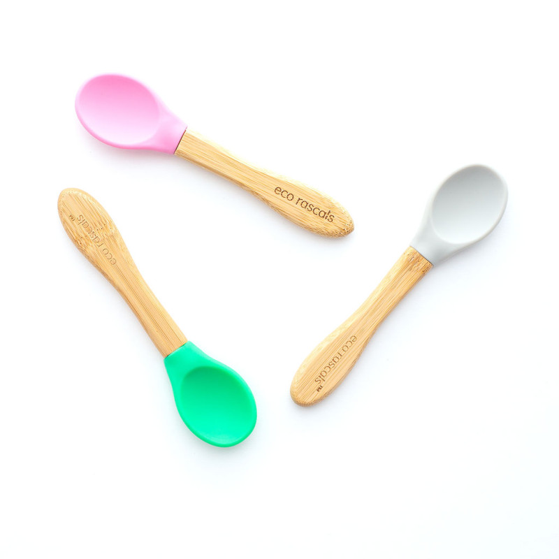 ECORASCALS Set of 3 bamboo spoons with silicone (pink, gray, green)